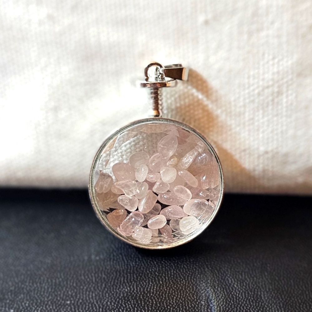 Rose quartz chips glass wish bottle/pendant silver toned